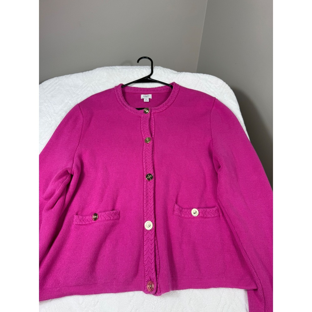 J.Crew Emilie Patch-Pocket Cardigan Sweater Pink Braided Trim Gold Button XL